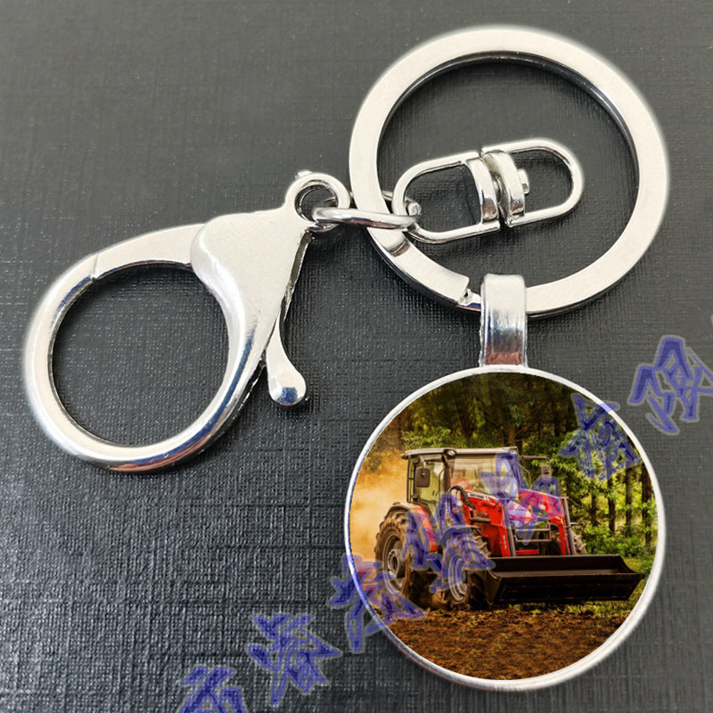 Wholesale Time Gem Tractor Round Glass Metal Keychain